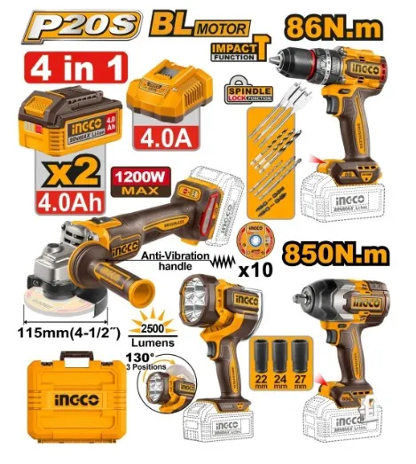 COMBO 20V 1 PULIDORA 4-1/2 (CAGLI212025)1 TALADRO 1/2 (CIDLI208681) 1 LLAVE DE IMPACTO 1/2 (CIWLI20851) 1 LAMPARA (CWLI20885) 2 BATERIAS Y CARGADOR UCOSLI251192  INGCO