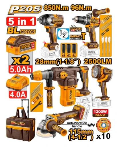 COMBO 20V 1 TALADRO 1/2 (CIDLI209685) 1 LLAVE DE IMPACTO 1/2 (CIWLI20851) 1 ROTOMARTILLO (CRHLI20286) 1 PULIDORA 4-1/2 (UCAGLI212025) 1 LAMPARA (CWLI20885) 2 BATERIAS Y CARGADOR UCOSLI251193 INGCO