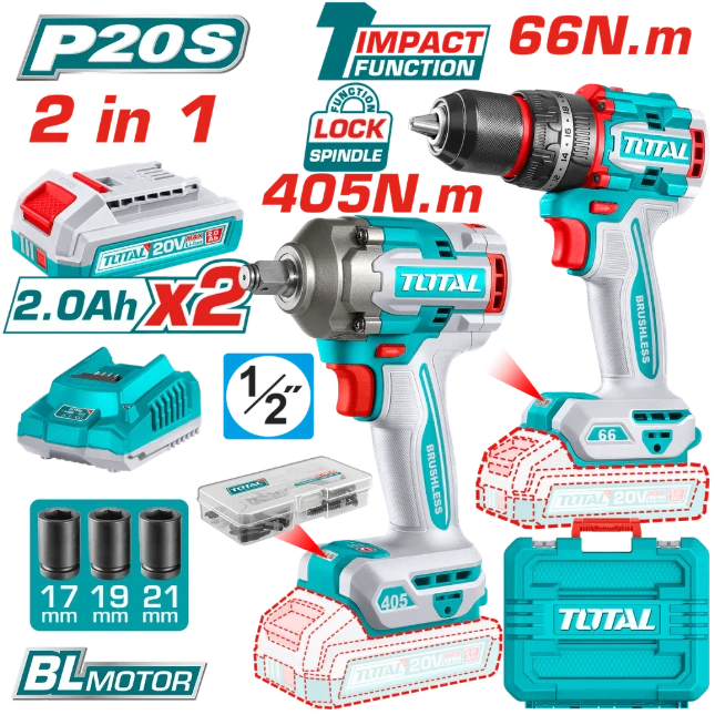 COMBO  JUEGO TALADRO INALAMBRICO 1/2 66NM + PISTOLA IMPACTO 1/2 20V 405NM. INCLUYE  2 BATERIAS 2 AM+1 CARGADOR Y ACCESORIOS
