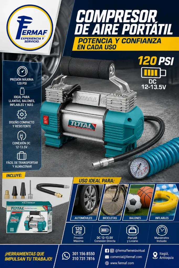 COMPRESOR MINI INFLADOR PORTATIL DC 12V 120PSI (TOTAL)