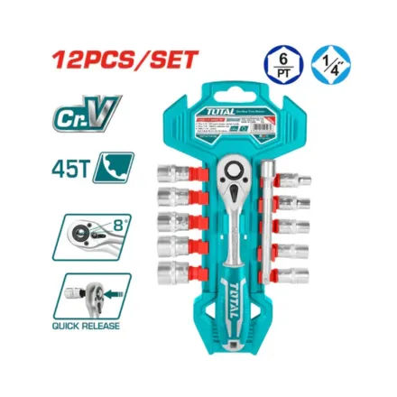 JUEGO 12PZ 1/4 5-14MM  RACHET + EXTENCION 4"